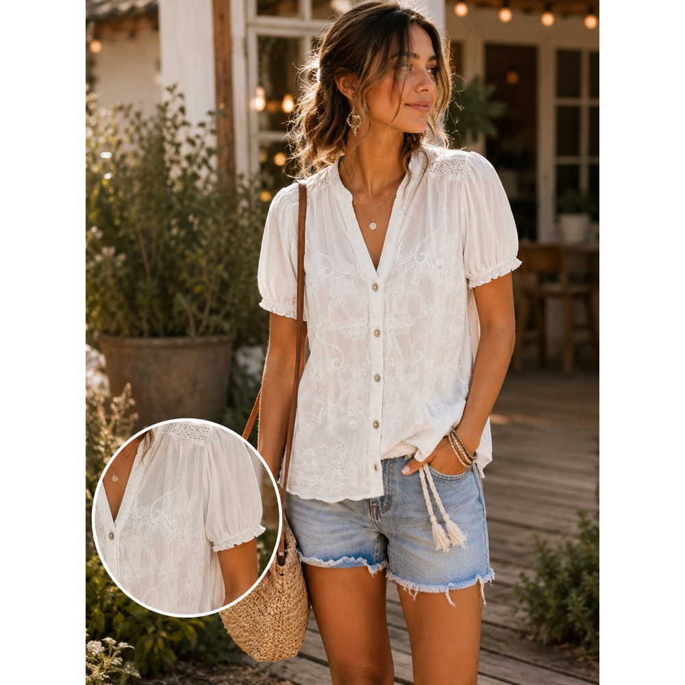 Democracy Embroidered Boho Blouse Women's Size XS White Peasant